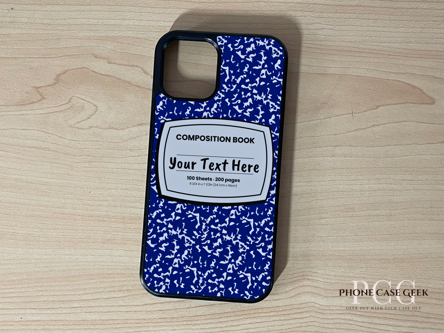 Custom iPhone case with blue and white composition book design with "Your text here" written on a wooden surface