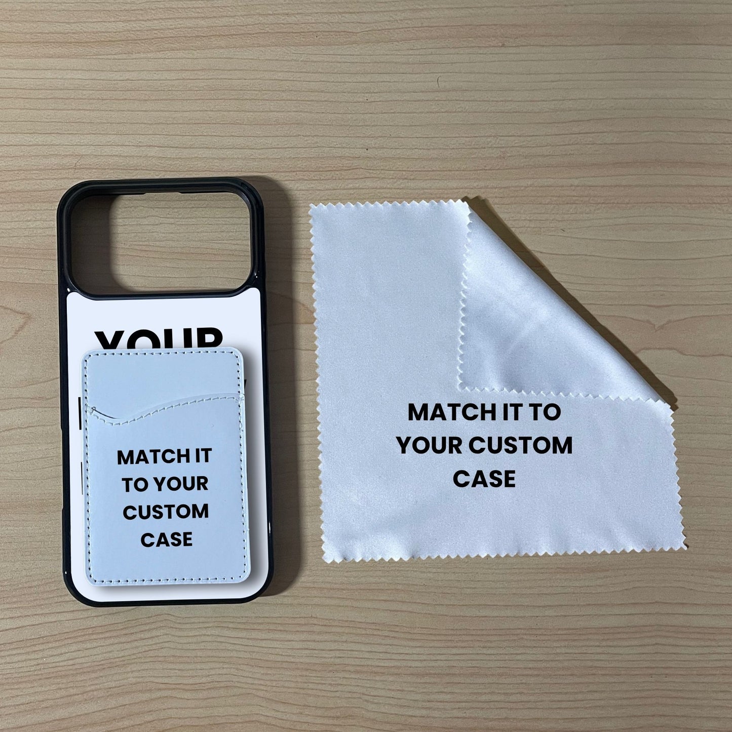Custom MagSafe iPhone 17 Pro 17 Pro Max and ase with phone wallet card holder and cleaning cloth on a wooden surface with text 'Match it to your custom case'.