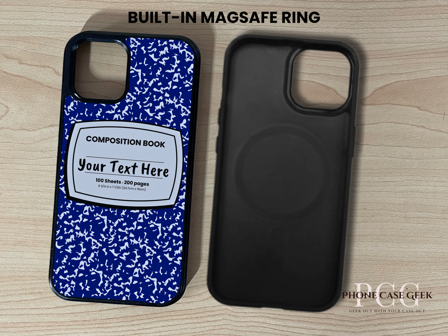 Custom iPhone Magsafe case showing built in Magsafe ring with blue and white composition book design with "Your text here" written on a wooden surface