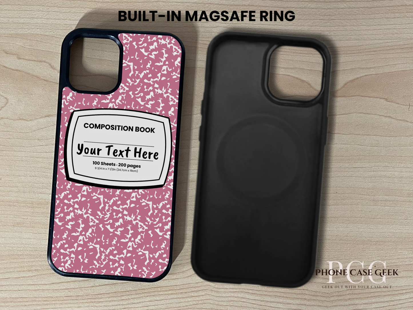 Custom iPhone Magsafe case showing built in Magsafe ring with pink and white composition book design with "Your text here" written on a wooden surface
