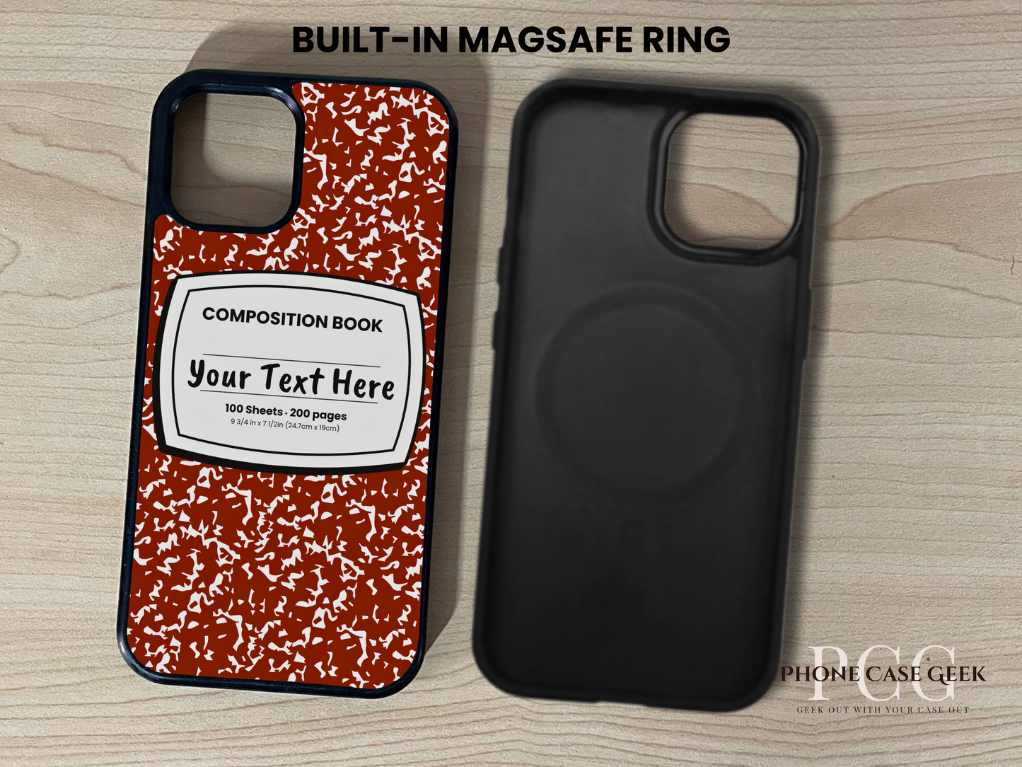 Custom iPhone Magsafe case showing built in Magsafe ring with red and white composition book design with "Your text here" written on a wooden surface