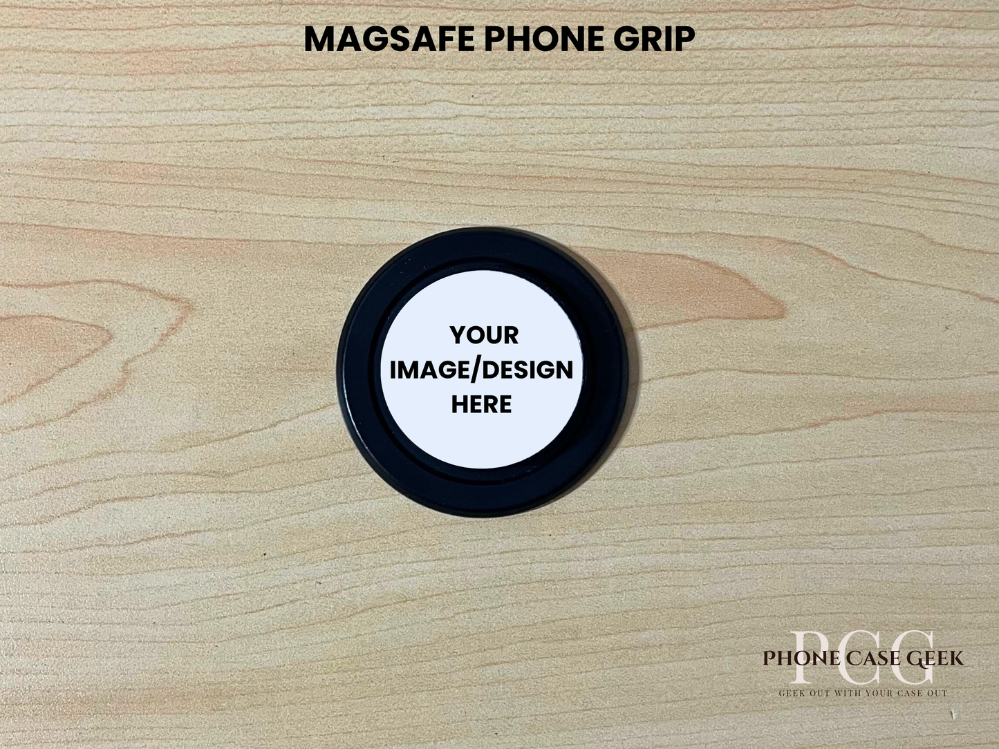 Black base Magsafe phone grip mockup on a wooden surface with customizable area.