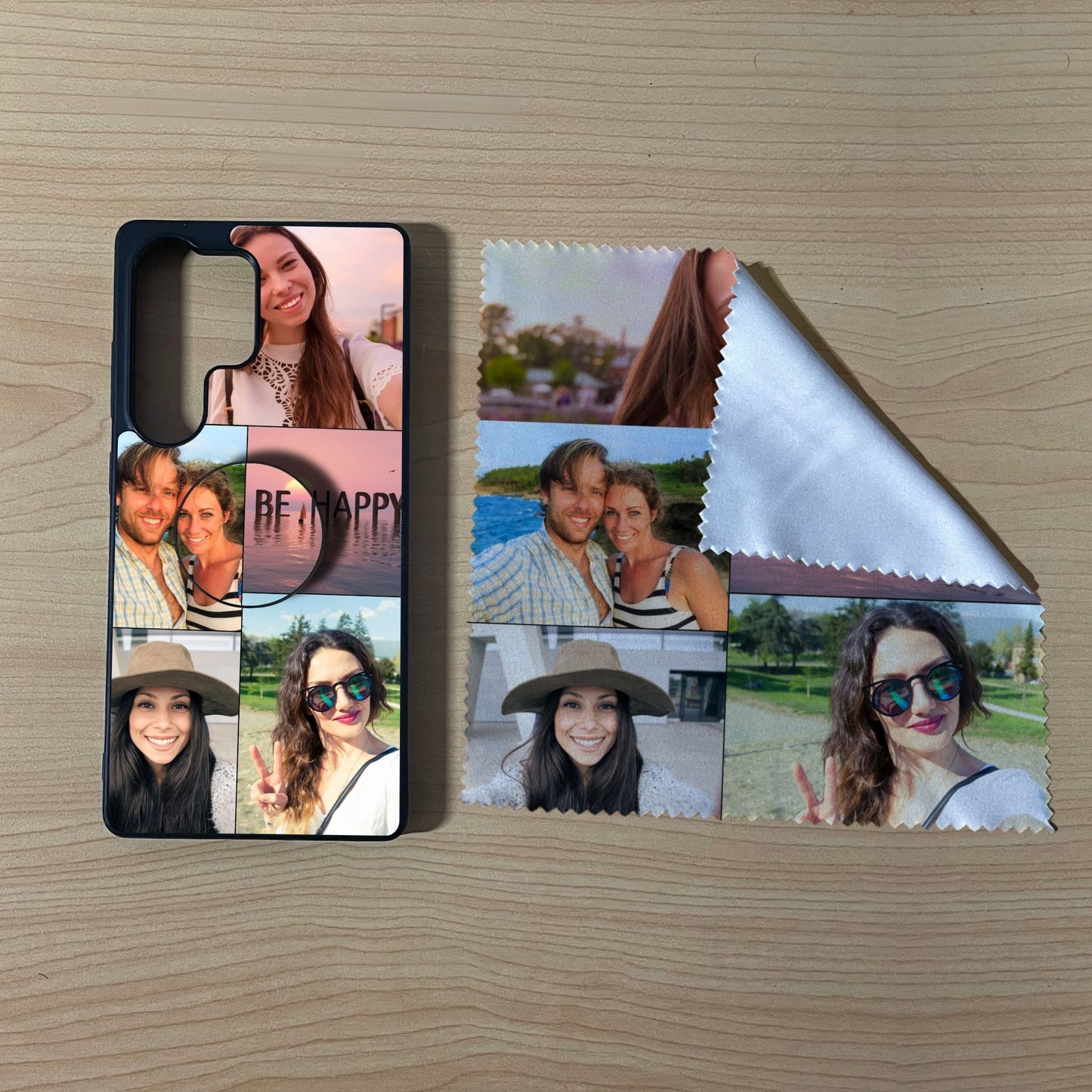 Samsung matching bundle set with a phone case, phone grip and microfiber cloth with 5 photo collage couple design on a wooden surface