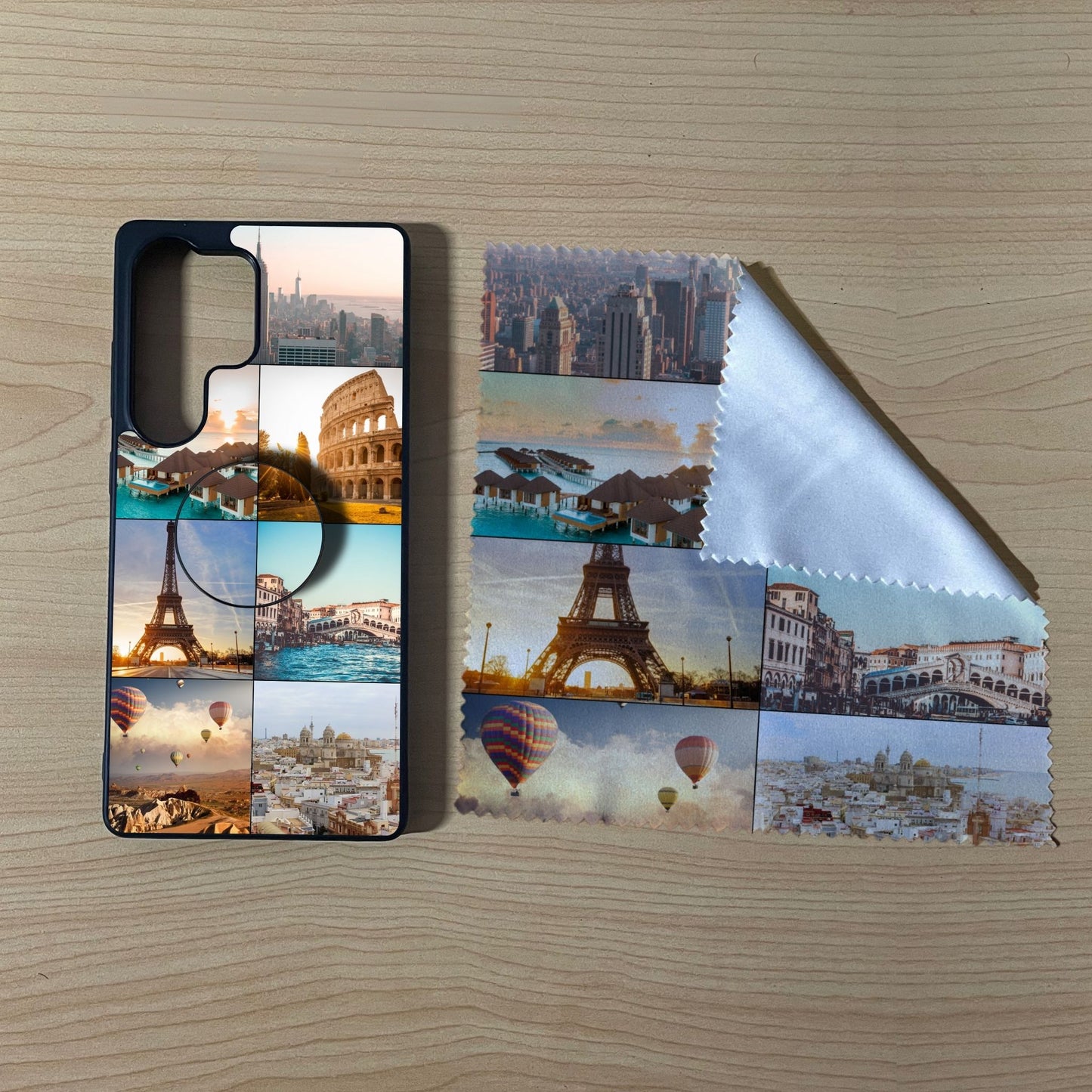 Samsung matching bundle set with a phone case, phone grip and microfiber cloth with 7 photo collage vacation theme on a wooden surface