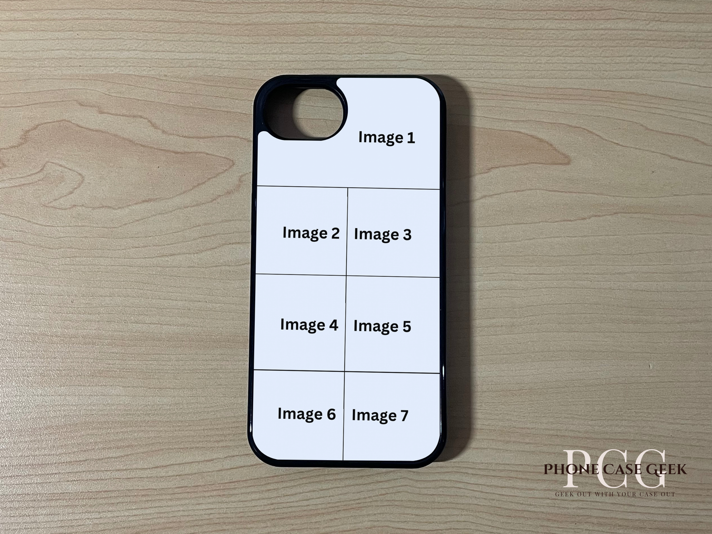 Custom phone case for the iPhone 16e showing 7 photo collage photo placement on a wooden surface.