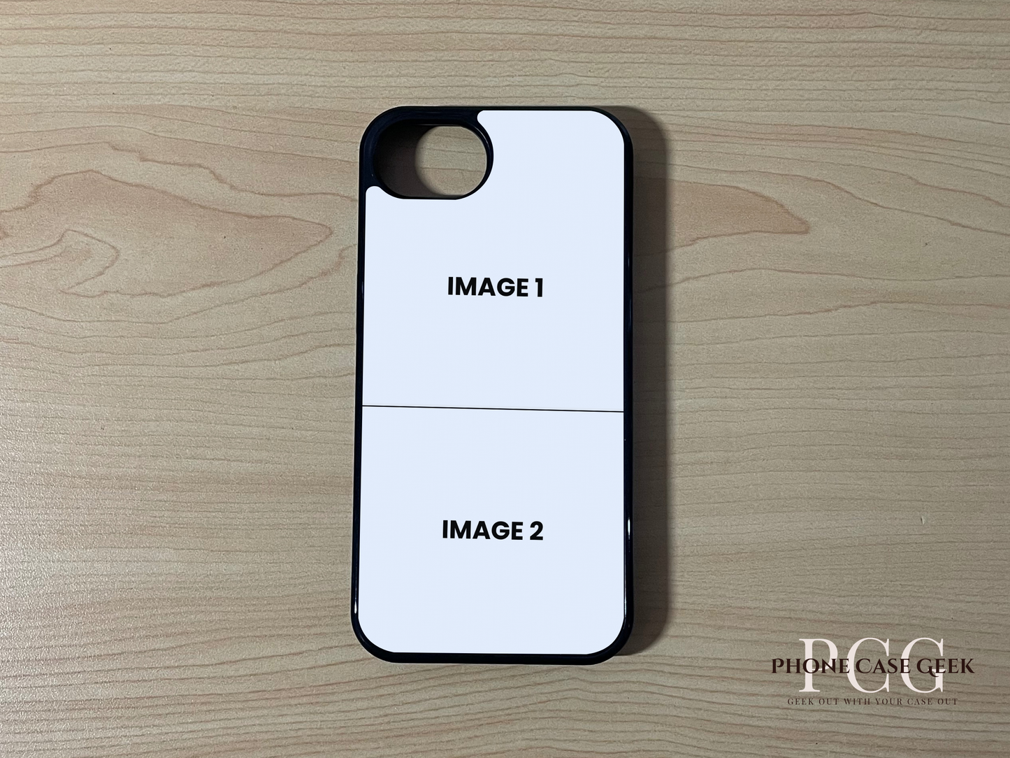 Custom phone case for the iPhone 16e showing 2 photo collage photo placement on a wooden surface.