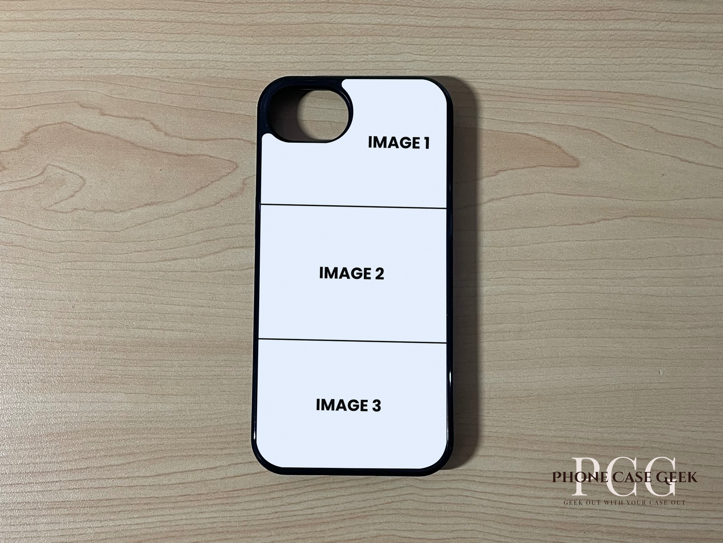 Custom phone case for the iPhone 16e showing 3 photo collage photo placement on a wooden surface.