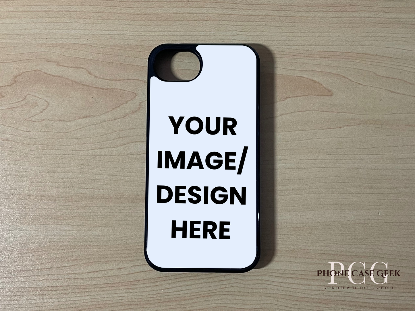 Custom phone case for the iPhone 16e showing image placement on a wooden surface.