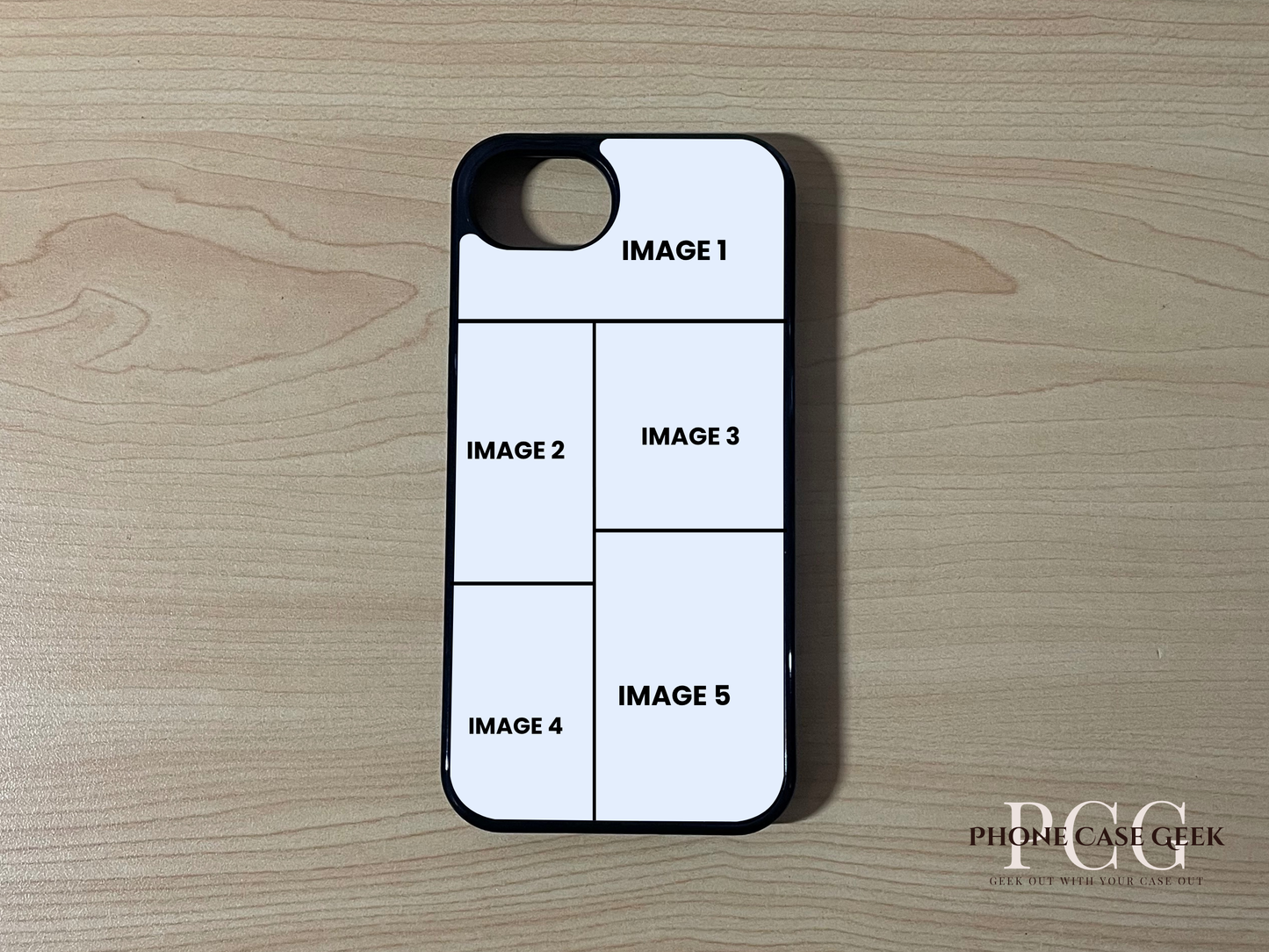 Custom phone case for the iPhone 16e showing 5 photo collage photo placement on a wooden surface.