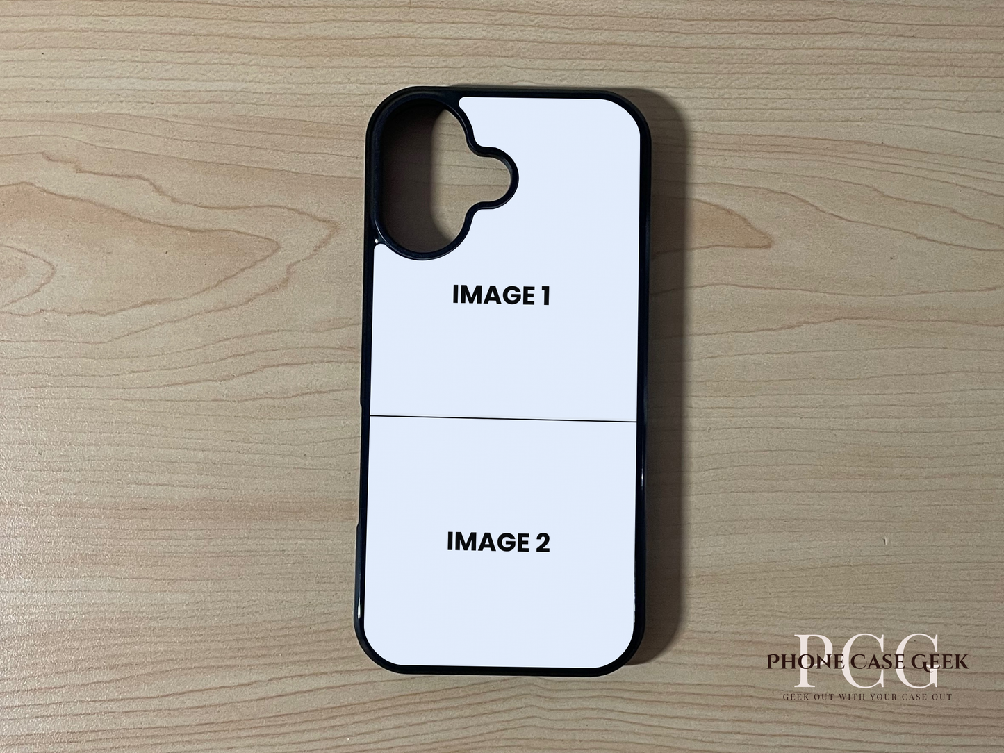 Custom phone case for the iPhone 17 showing 2 photo collage photo placement on a wooden surface.