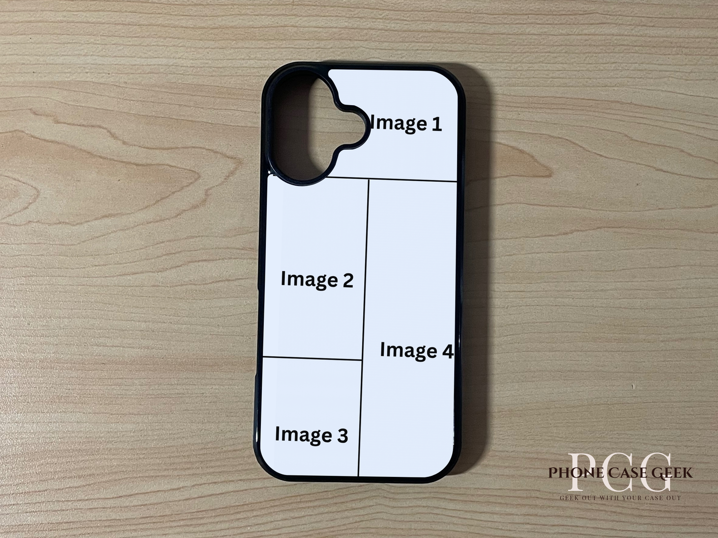 Custom phone case for the iPhone 17 showing 4 photo collage photo placement on a wooden surface.