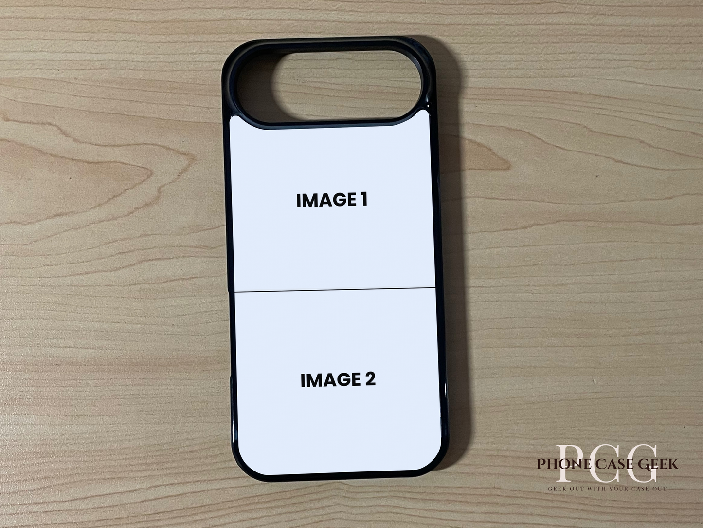 Custom phone case for the iPhone 17 Air showing 2 photo collage photo placement on a wooden surface.