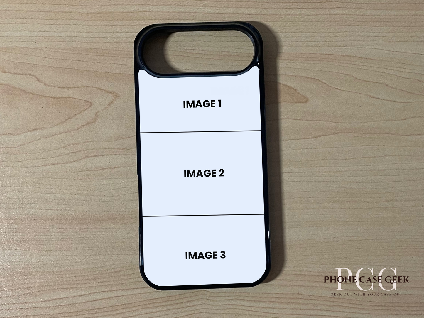 Custom phone case for the iPhone 17 Air showing 3 photo collage photo placement on a wooden surface.