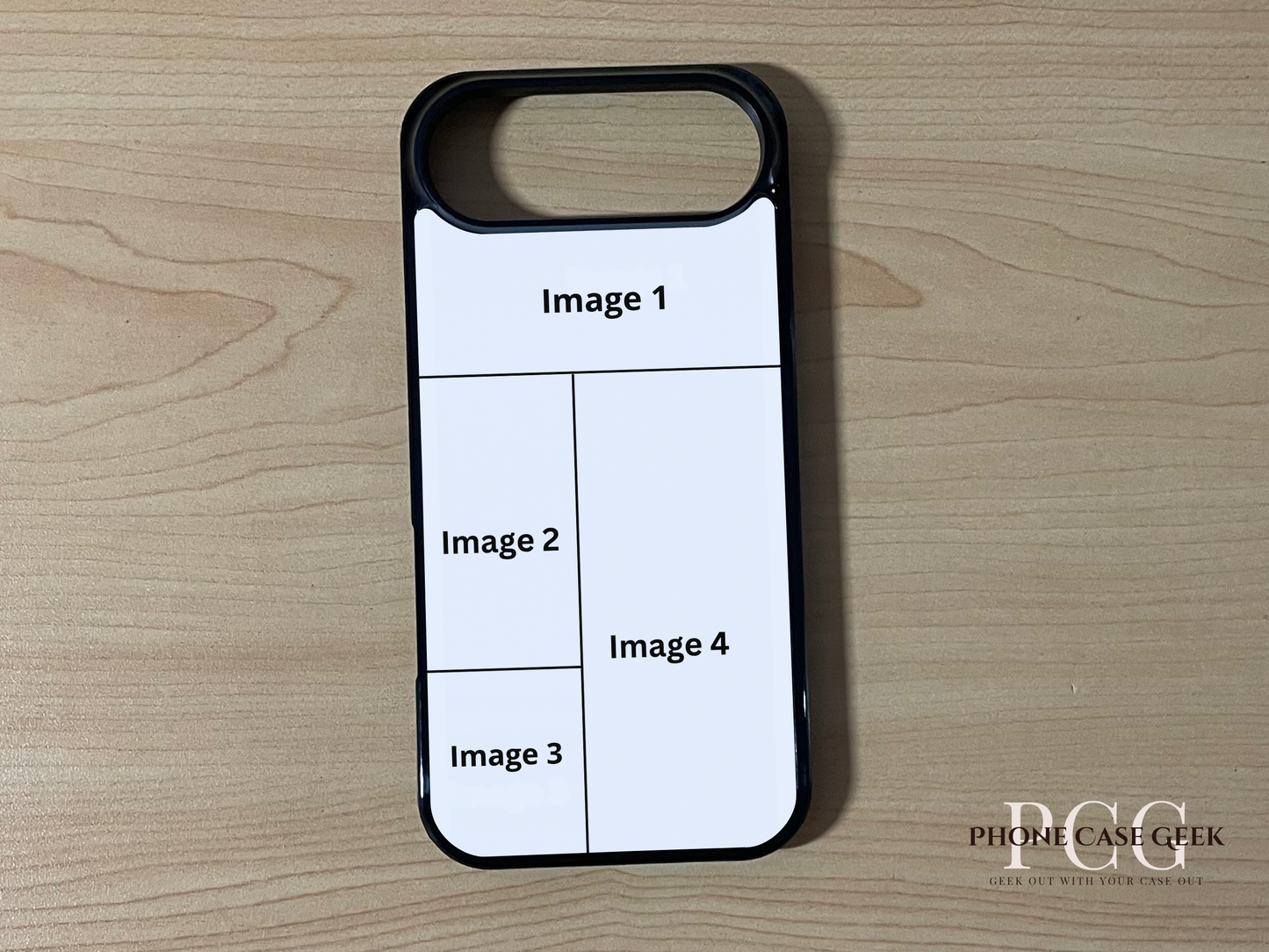 Custom phone case for the iPhone 17 Air showing 4 photo collage photo placement on a wooden surface.