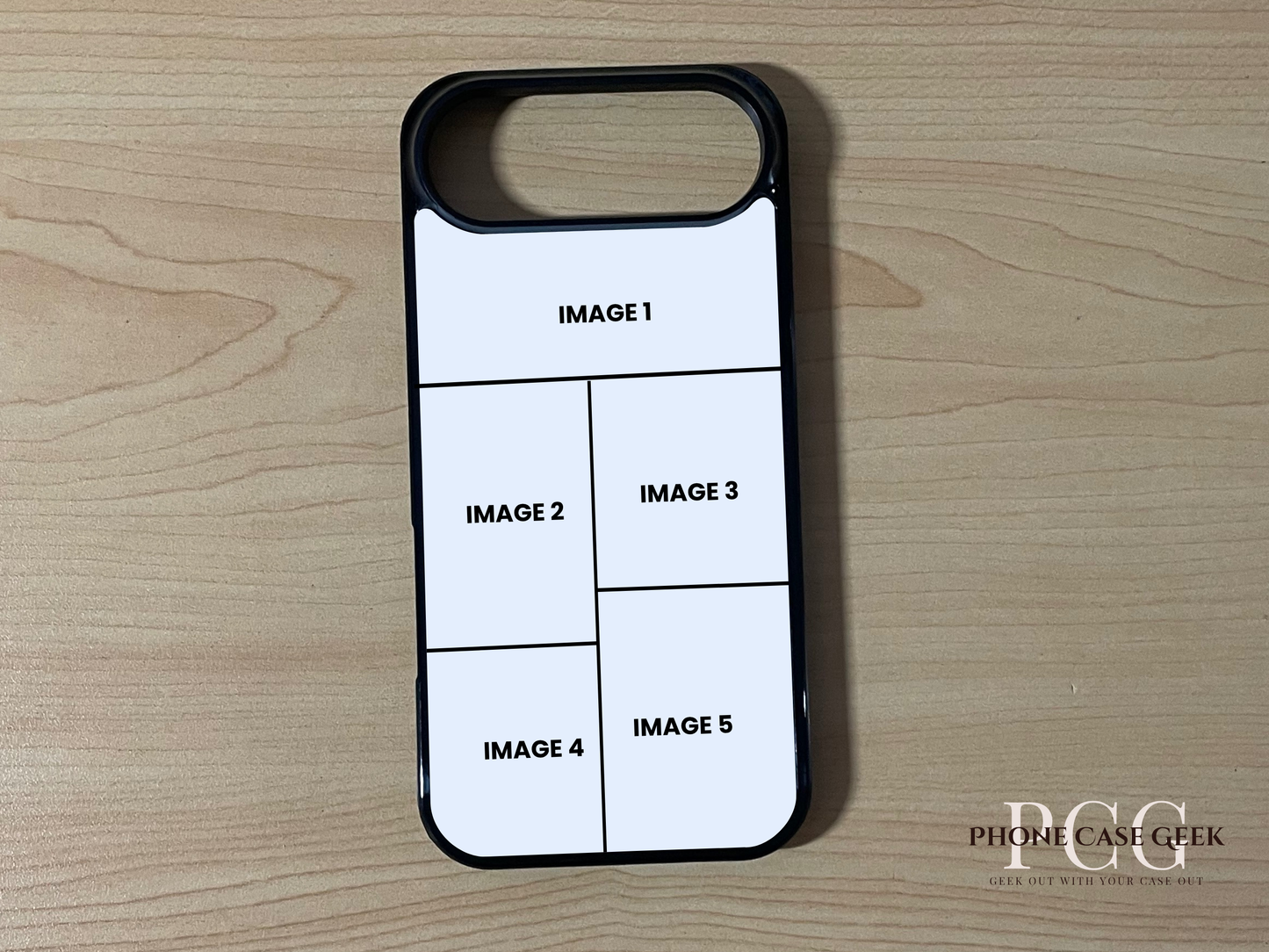 Custom phone case for the iPhone 17 Air showing 5 photo collage photo placement on a wooden surface.