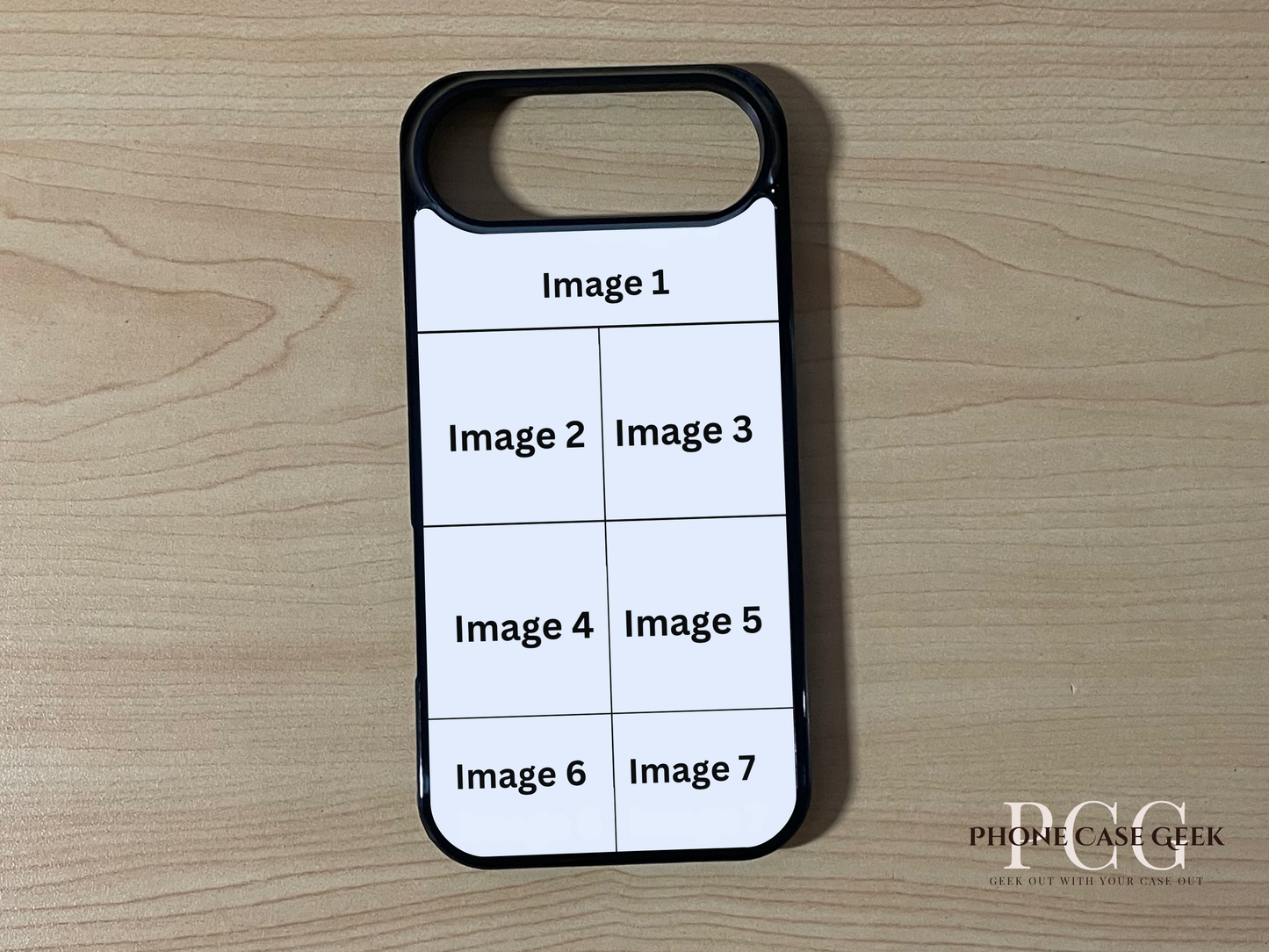 Custom phone case for the iPhone 17 Air showing 7 photo collage photo placement on a wooden surface.
