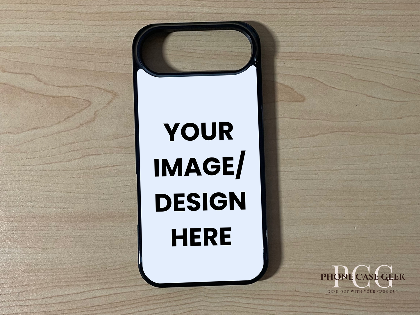 Custom phone case for the iPhone 17 Air showing image placement on a wooden surface.