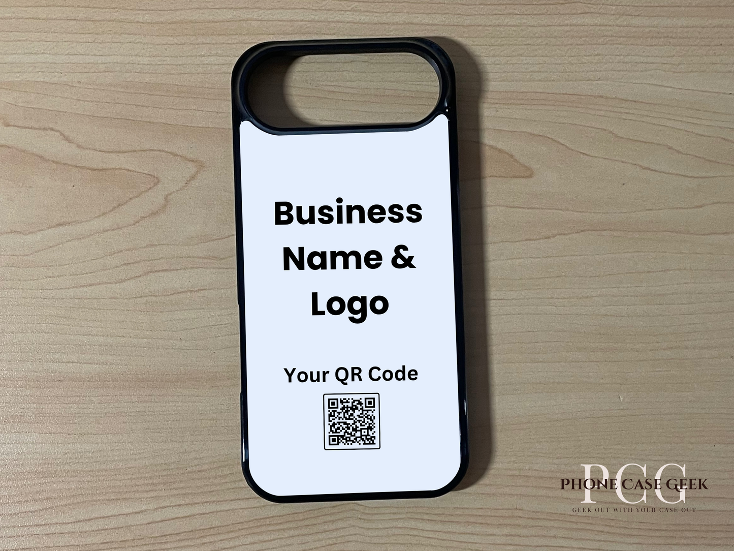 Custom phone case for the iPhone 17 Air showing qr code and business logo placement on a wooden surface.
