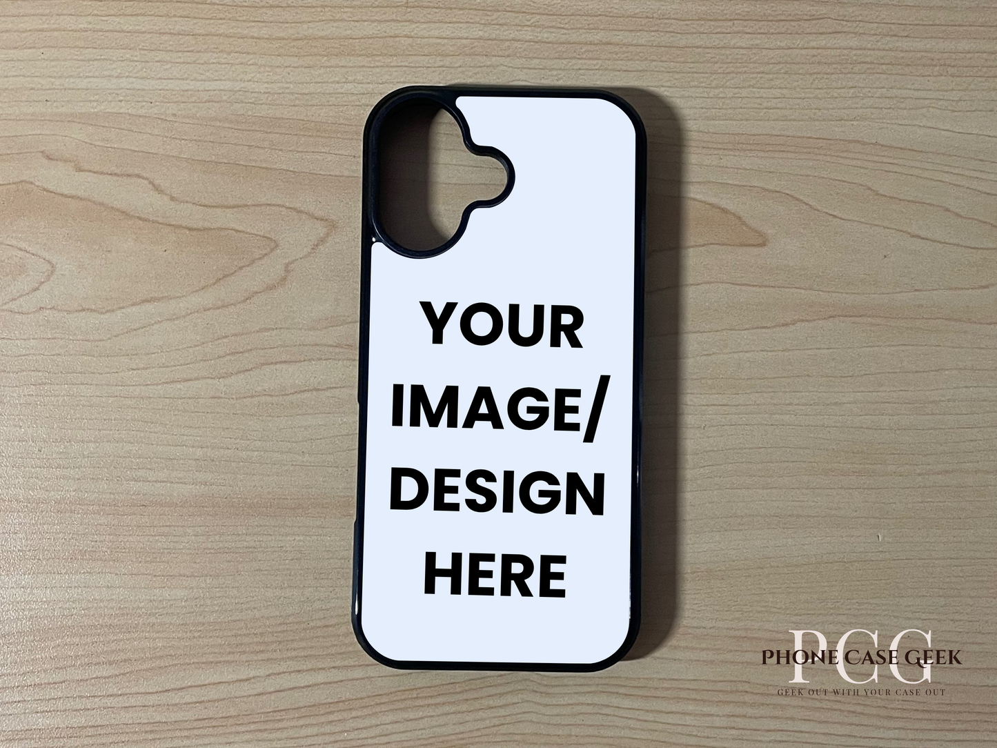 Custom phone case for the iPhone 17 showing image placement on a wooden surface.