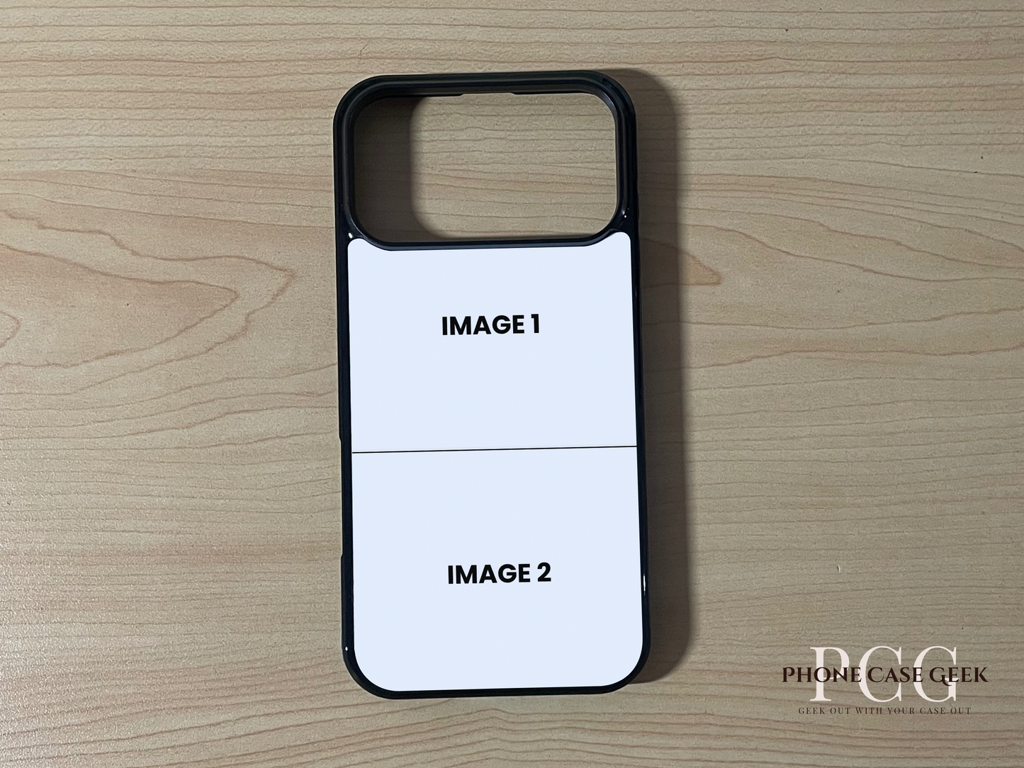 Custom phone case for the iPhone 17 Pro and 17 Pro Max showing 2 photo collage photo placement on a wooden surface.
