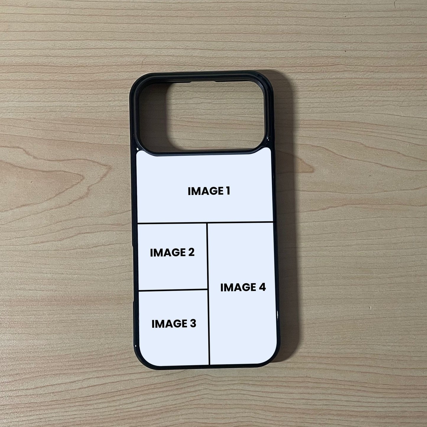 Custom phone case for the iPhone 17 Pro and 17 Pro Max showing 4 photo collage photo placement on a wooden surface.