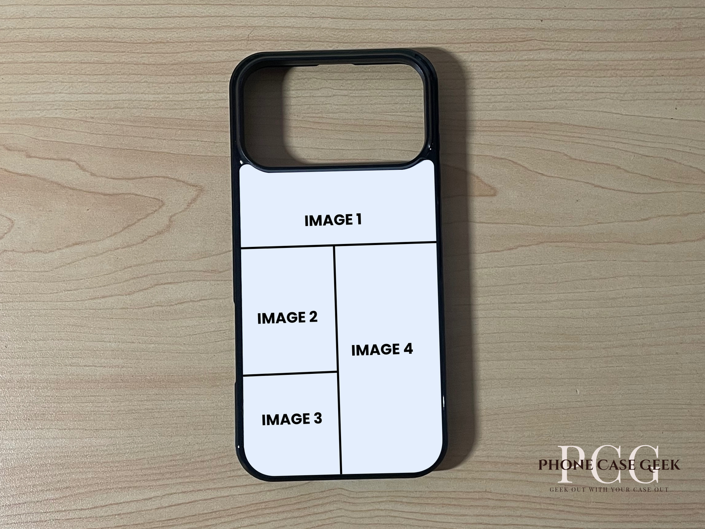 Custom phone case for the iPhone 17 Pro and 17 Pro Max showing 4 photo collage photo placement on a wooden surface.