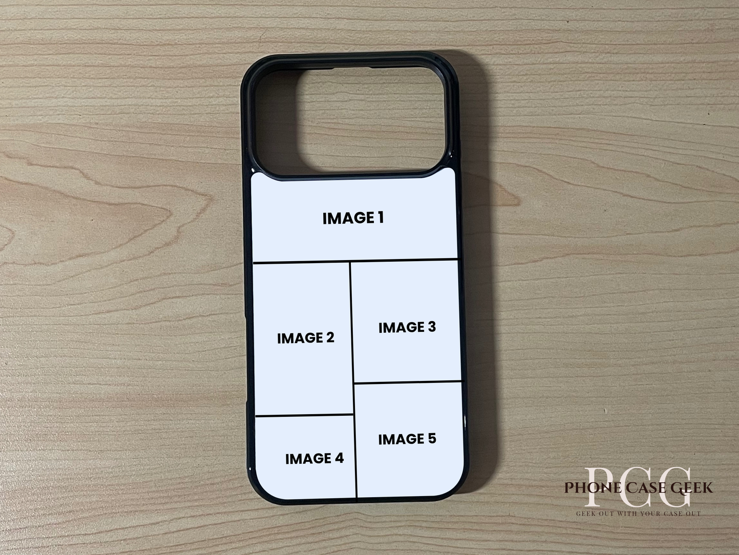 Custom phone case for the iPhone 17 Pro and 17 Pro Max showing 5 photo collage photo placement on a wooden surface.