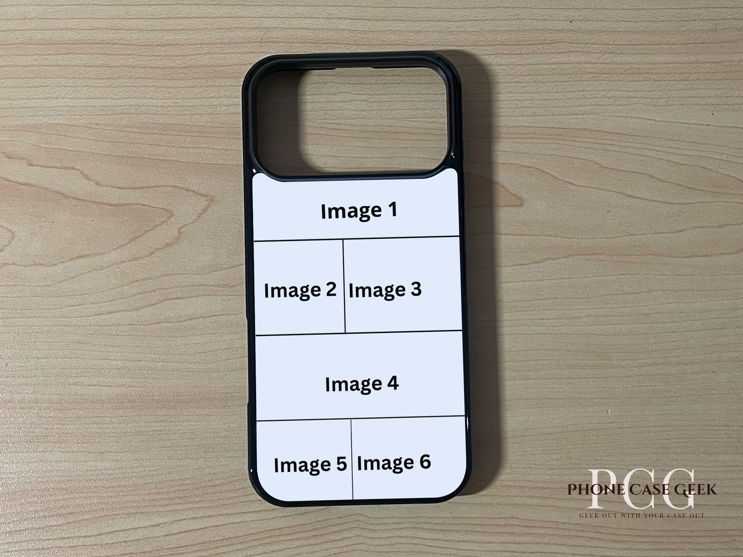 Custom phone case for the iPhone 17 Pro and 17 Pro Max showing 6 photo collage photo placement on a wooden surface.