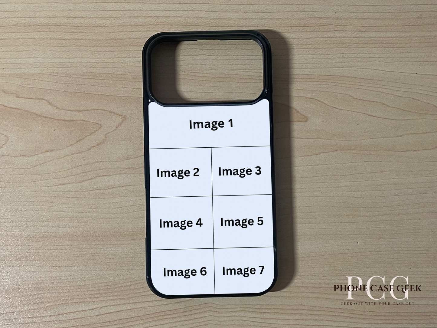 Custom phone case for the iPhone 17 Pro and iPhone 17 Pro Max showing 7 photo collage photo placement on a wooden surface.