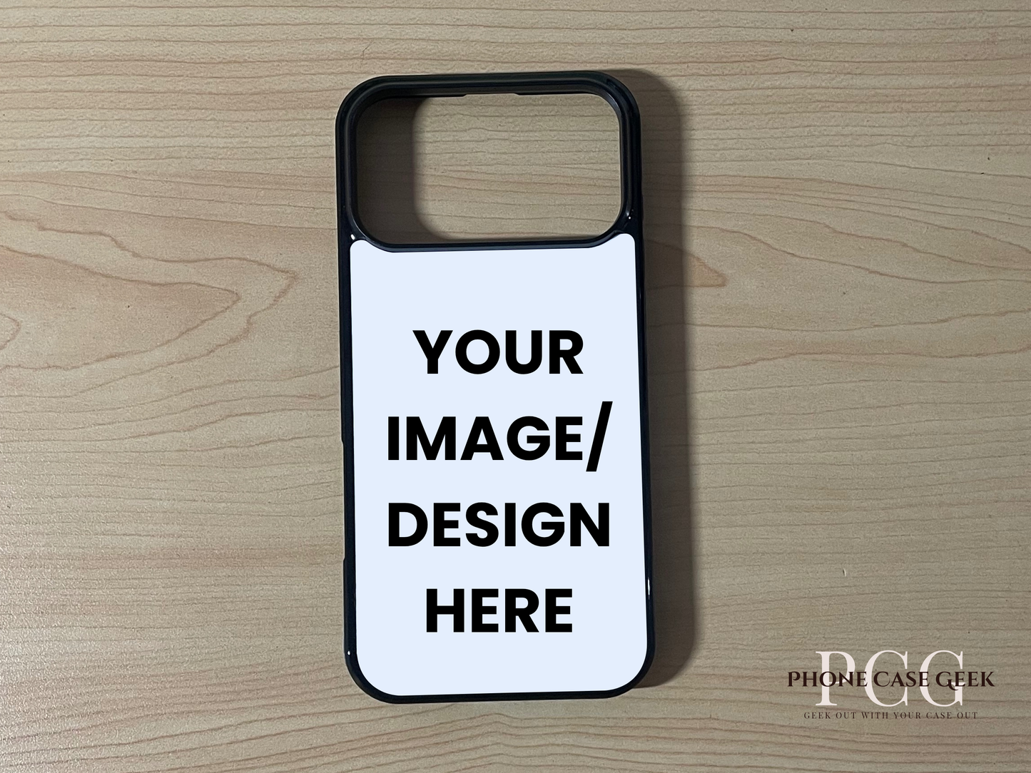 Custom phone case for the iPhone 17 Pro and 17 Pro Max showing image placement on a wooden surface.