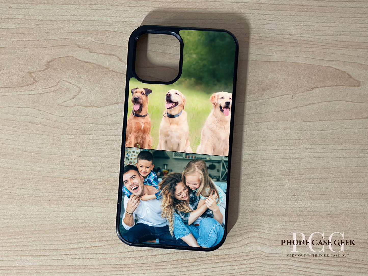 Custom phone case for the iPhone showing 2 photo collage photo of dogs and family on a wooden surface.