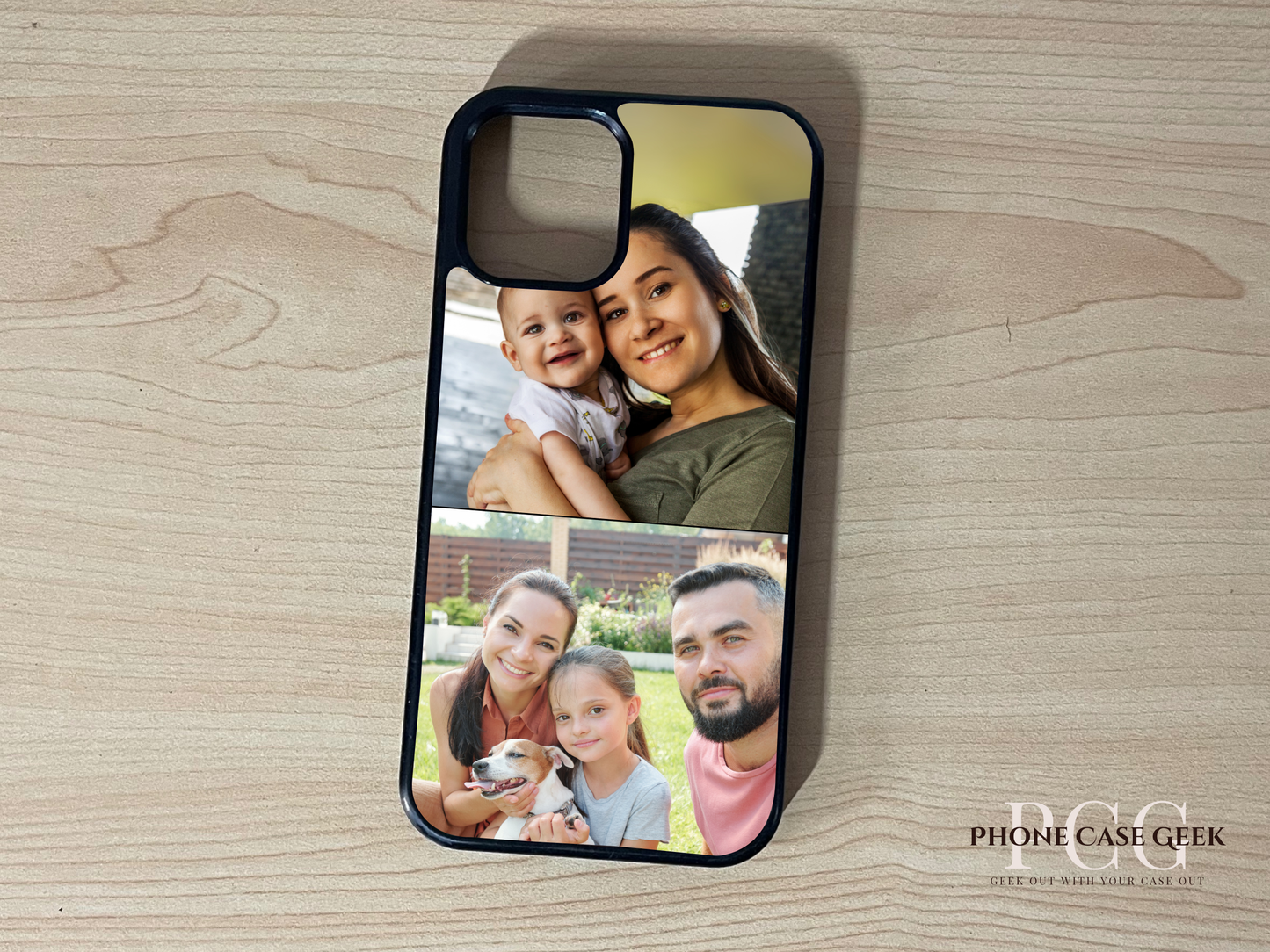 Custom phone case for the iPhone showing 2 photo collage photo of family moments on a wooden surface.