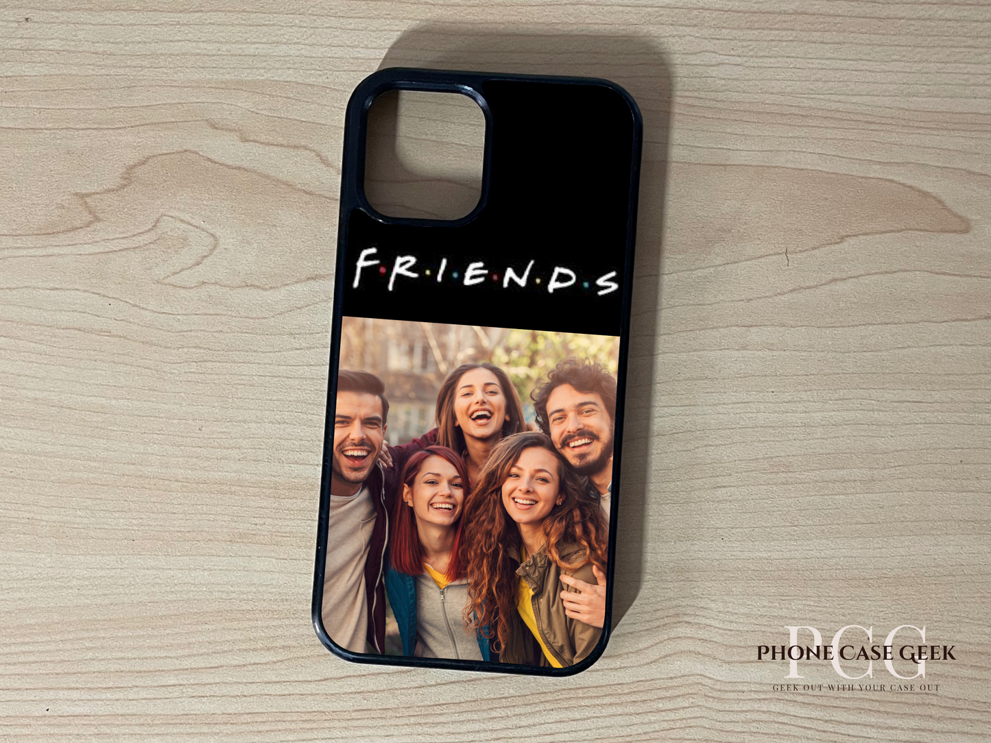 Custom phone case for the iPhone showing 2 photo collage photo of the text "Friends" and friend group moments on a wooden surface.