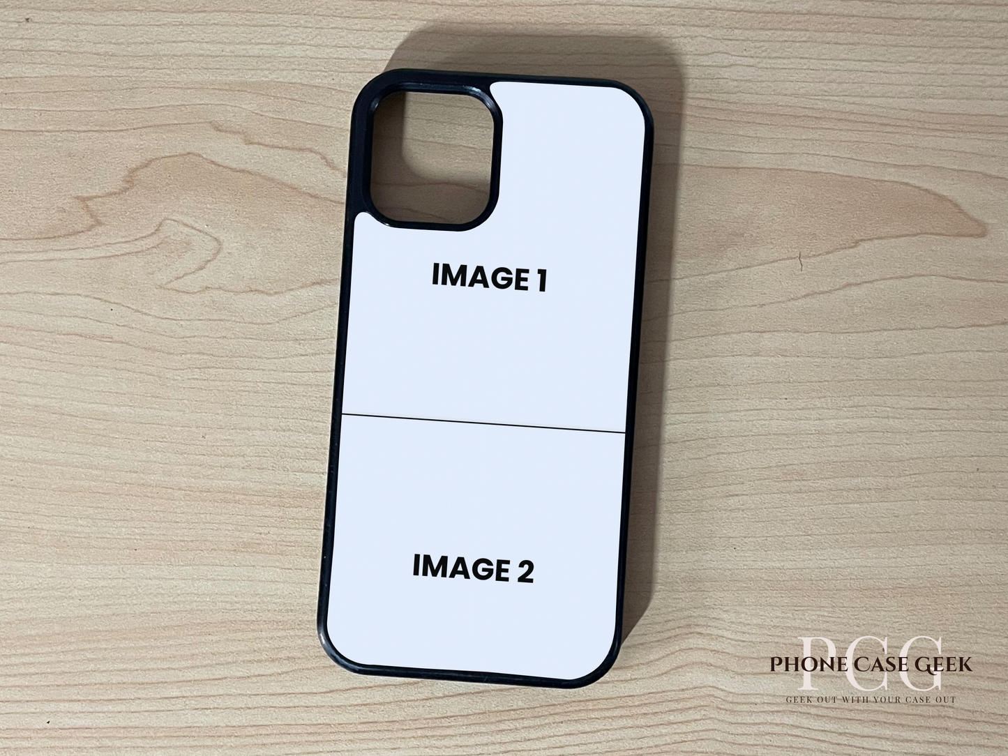 Custom phone case for the iPhone showing 2 photo collage photo placement on a wooden surface.