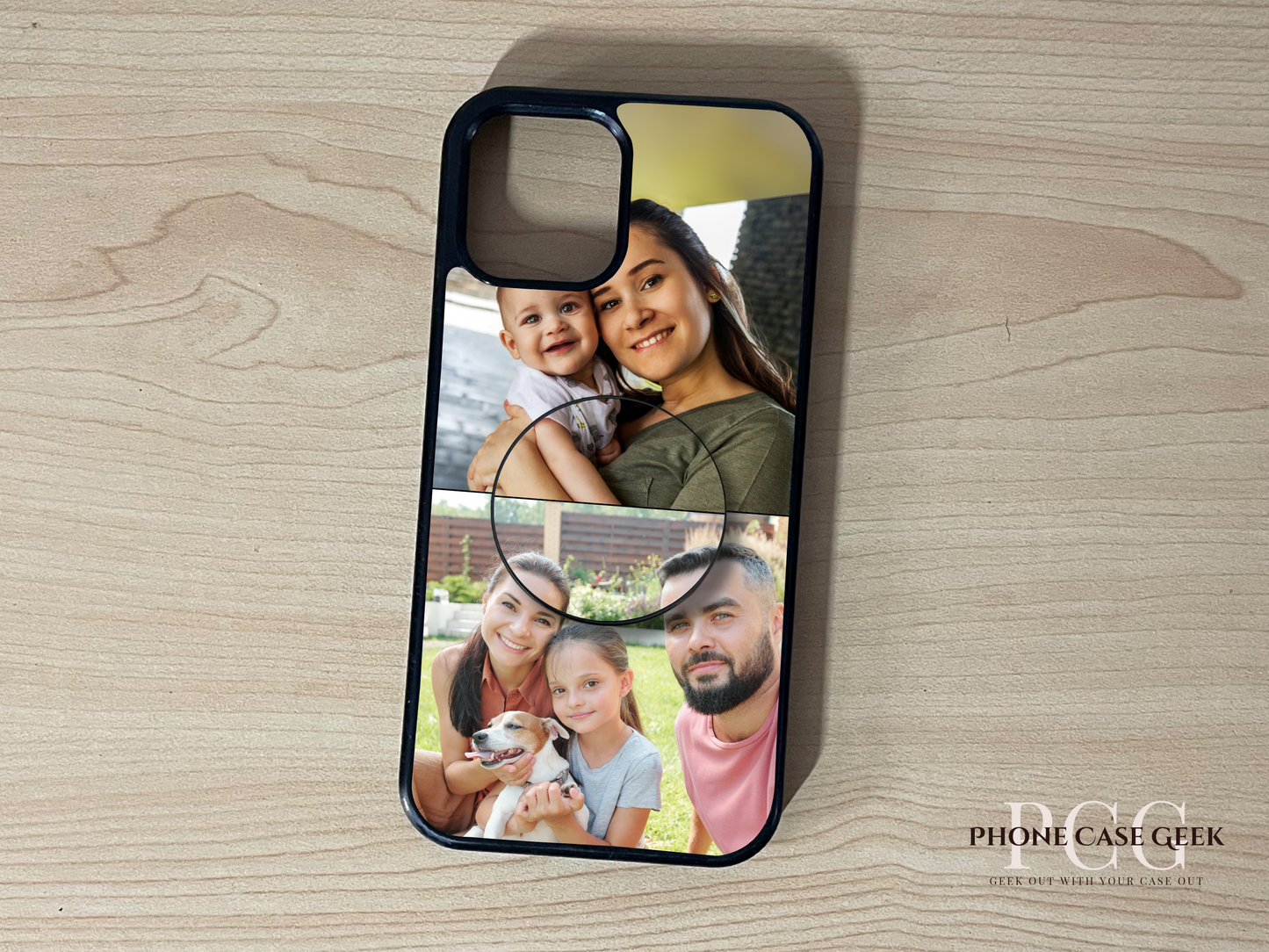 Custom iPhone case with 2 photo family collage design with matching adhesive phone grip on a wooden surface.