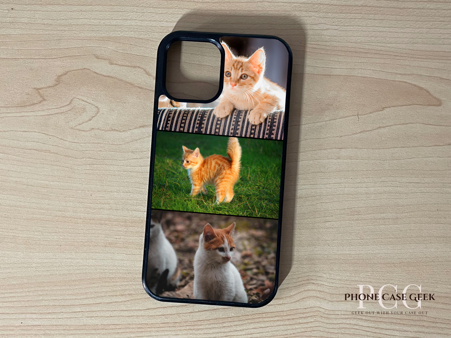 Custom phone case for the iPhone showing 3 photo collage photo of fun cat moments on a wooden surface.