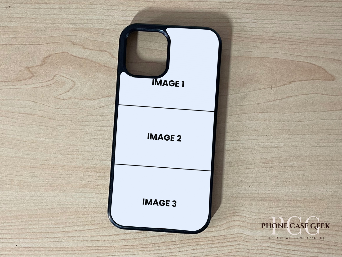 Custom phone case for the iPhone showing 3 photo collage photo placement on a wooden surface.