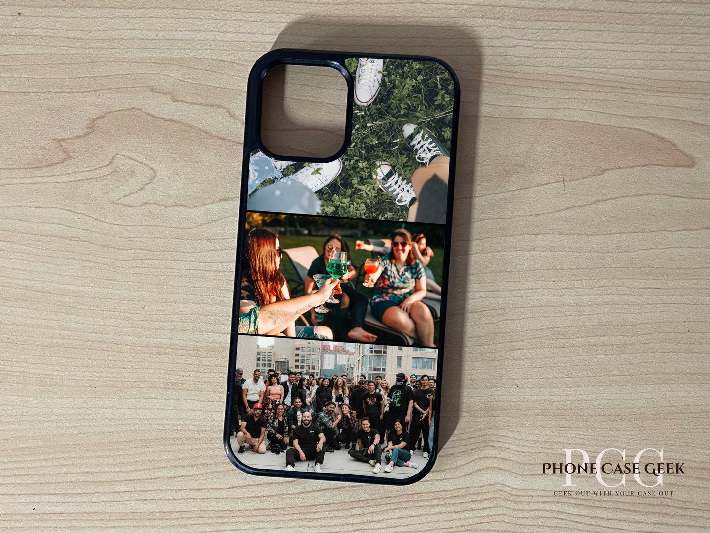 Custom iPhone case with collage of friend group photos on a wooden surface