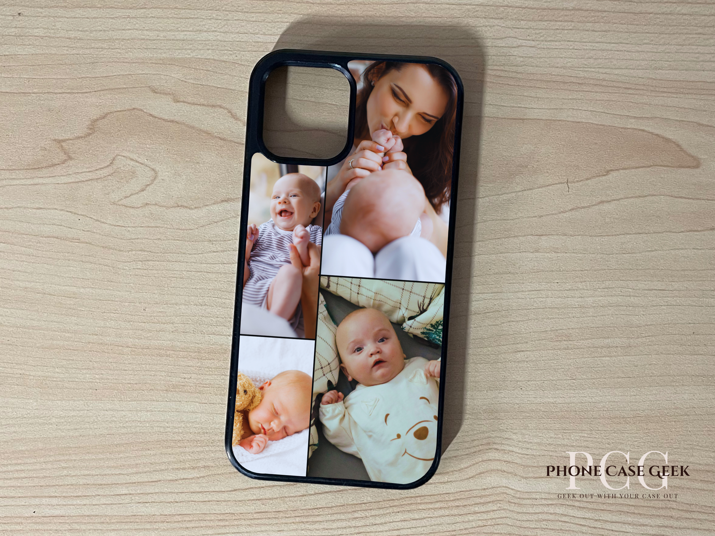 Custom phone case for the iPhone showing 4 photo collage photo of baby moments on a wooden surface.