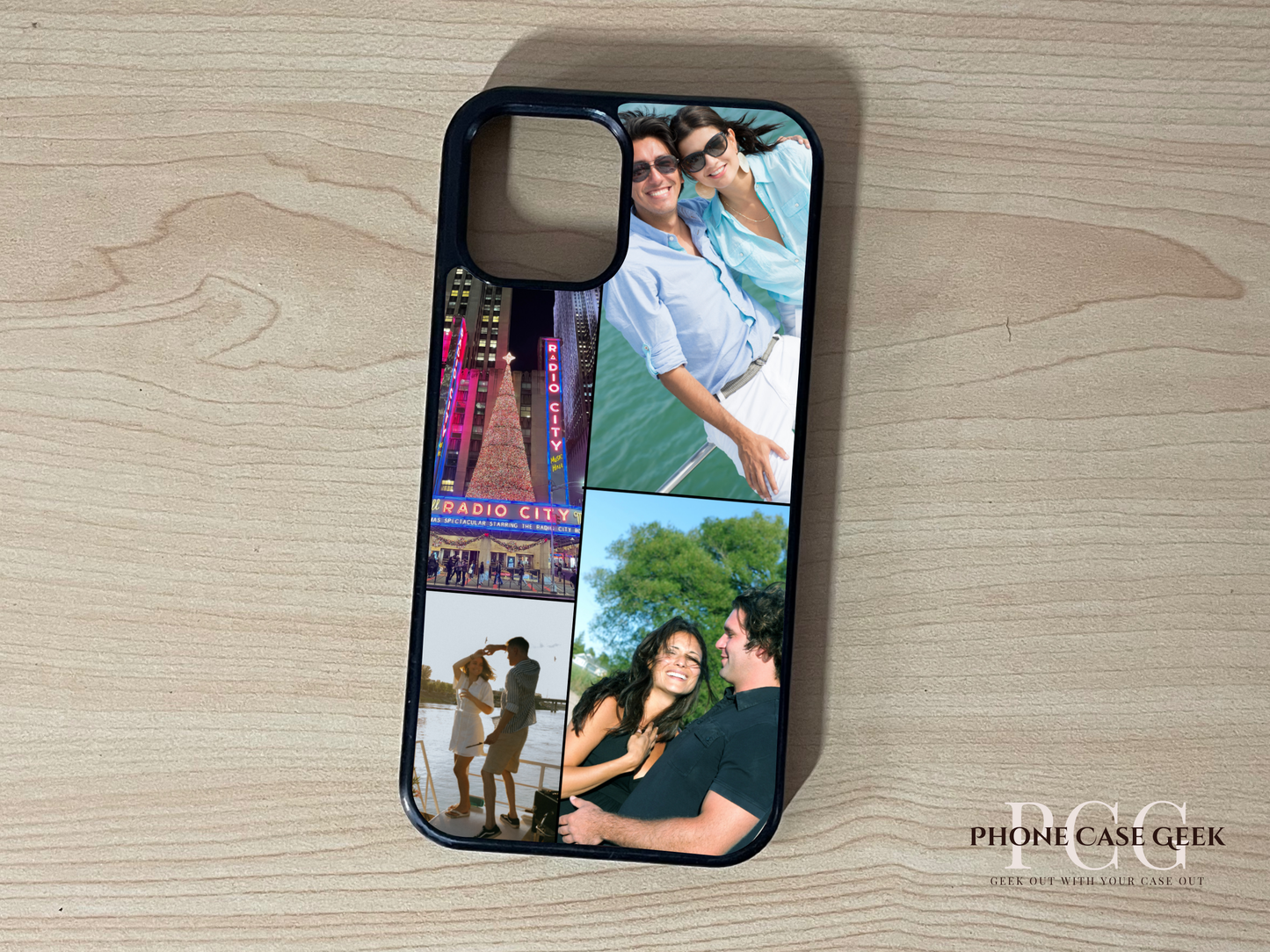 Custom phone case for the iPhone showing 4 photo collage photo of family moments on a wooden surface.