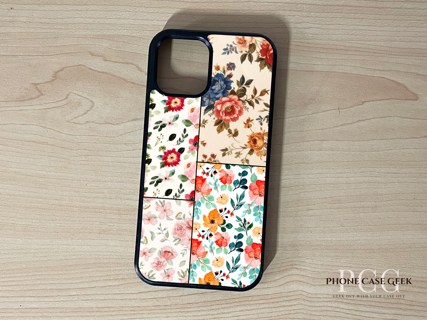 Custom iPhone phone case 4 photo collage Floral patterned on a wooden surface with 'Phone Case Geek' branding.