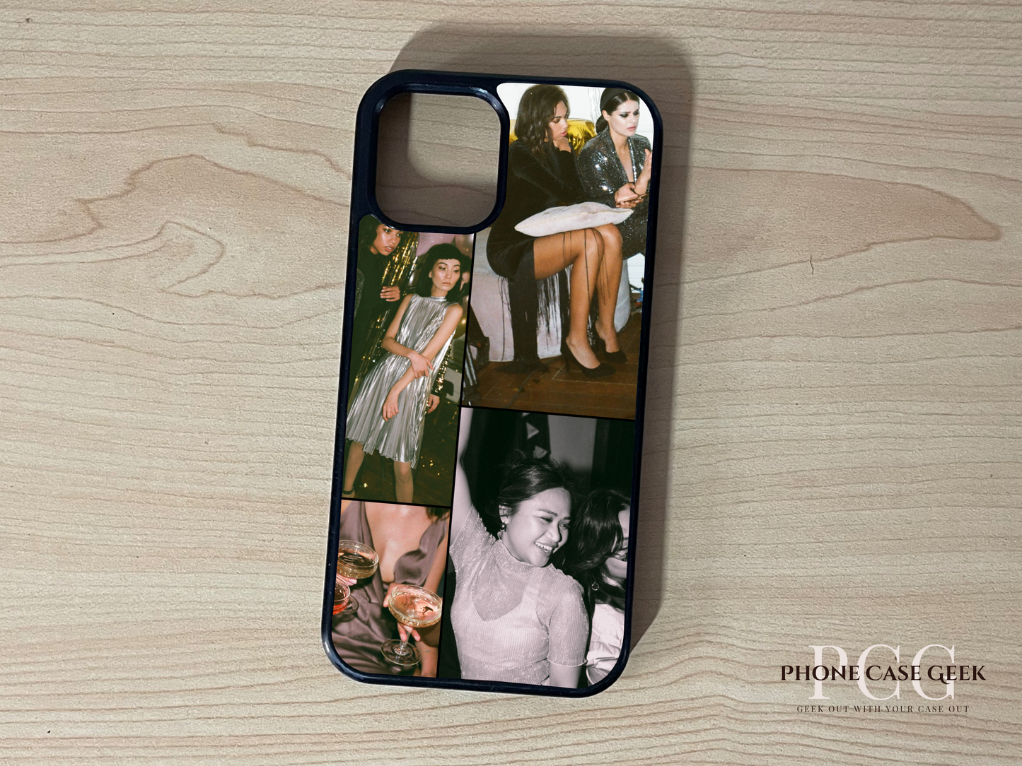 Custom phone case for the iPhone showing 4 photo collage photo of friends moments on a wooden surface.