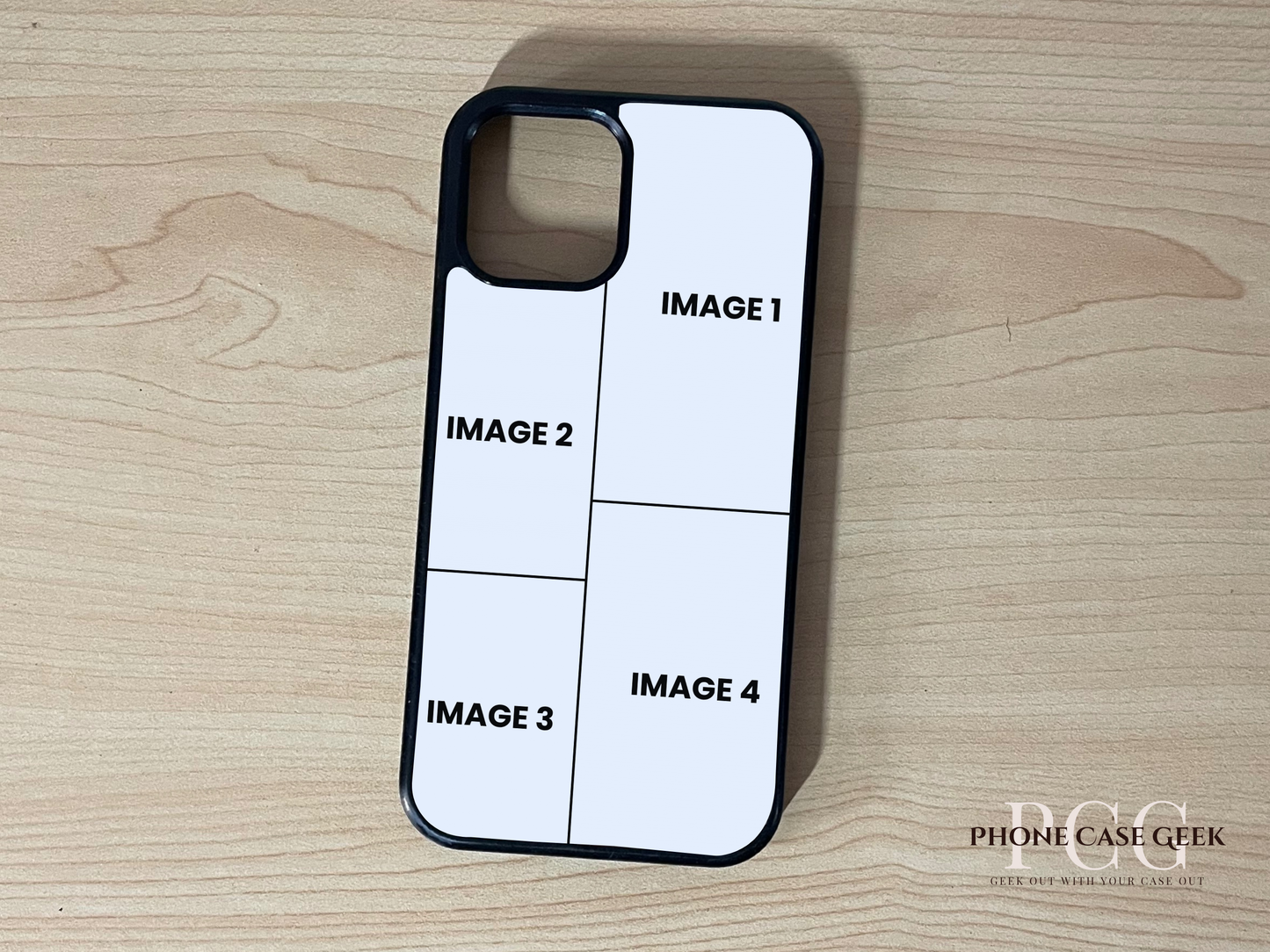 Custom iPhone case showing 4 photo collage photo placement on a wooden surface.