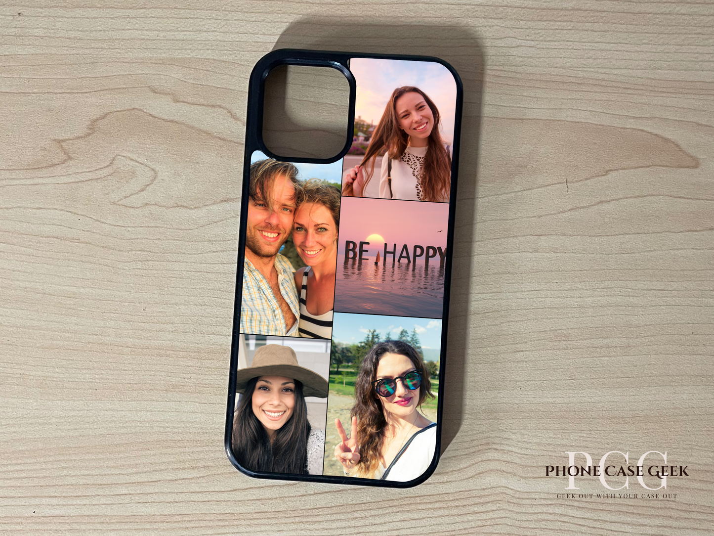 Custom phone case for the iPhone showing 5 photo collage photo of couple moments on a wooden surface.