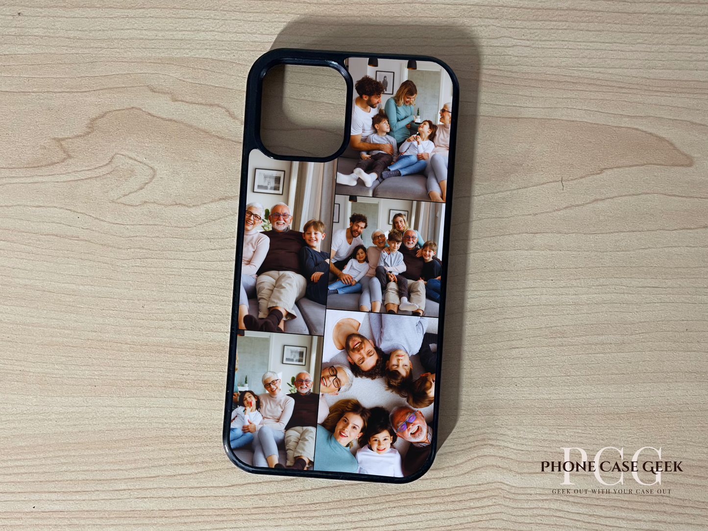 Custom phone case for the iPhone showing 5 photo collage photo of family moments on a wooden surface.