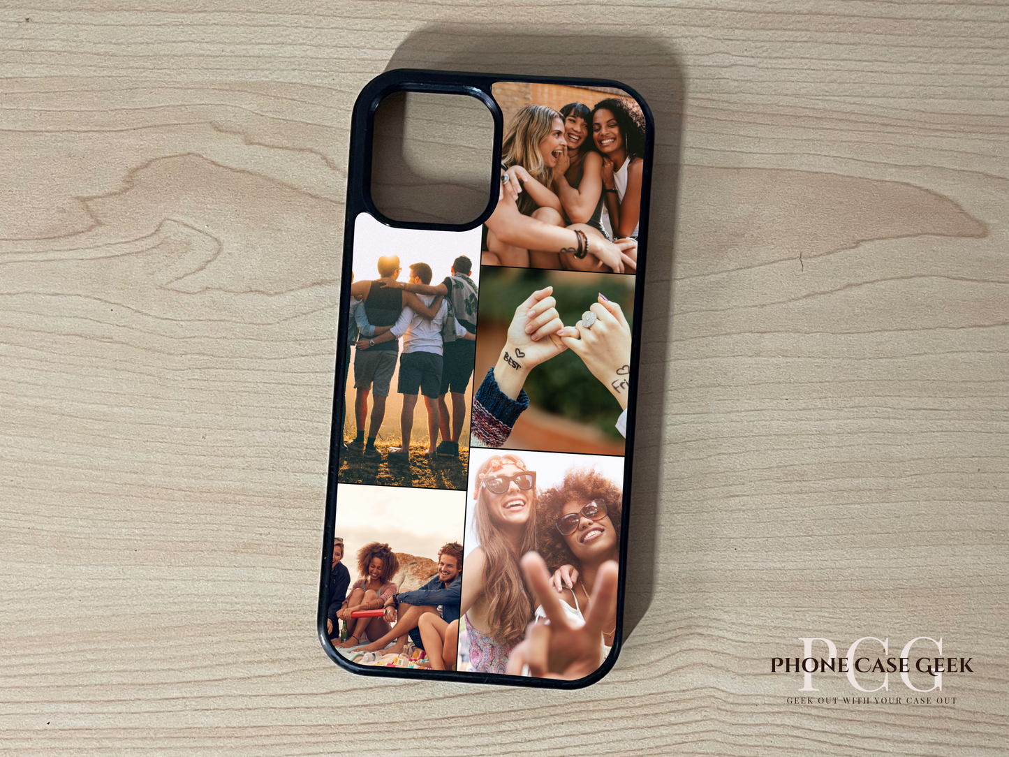 Custom phone case for the iPhone showing 5 photo collage photo of friend group moments on a wooden surface.