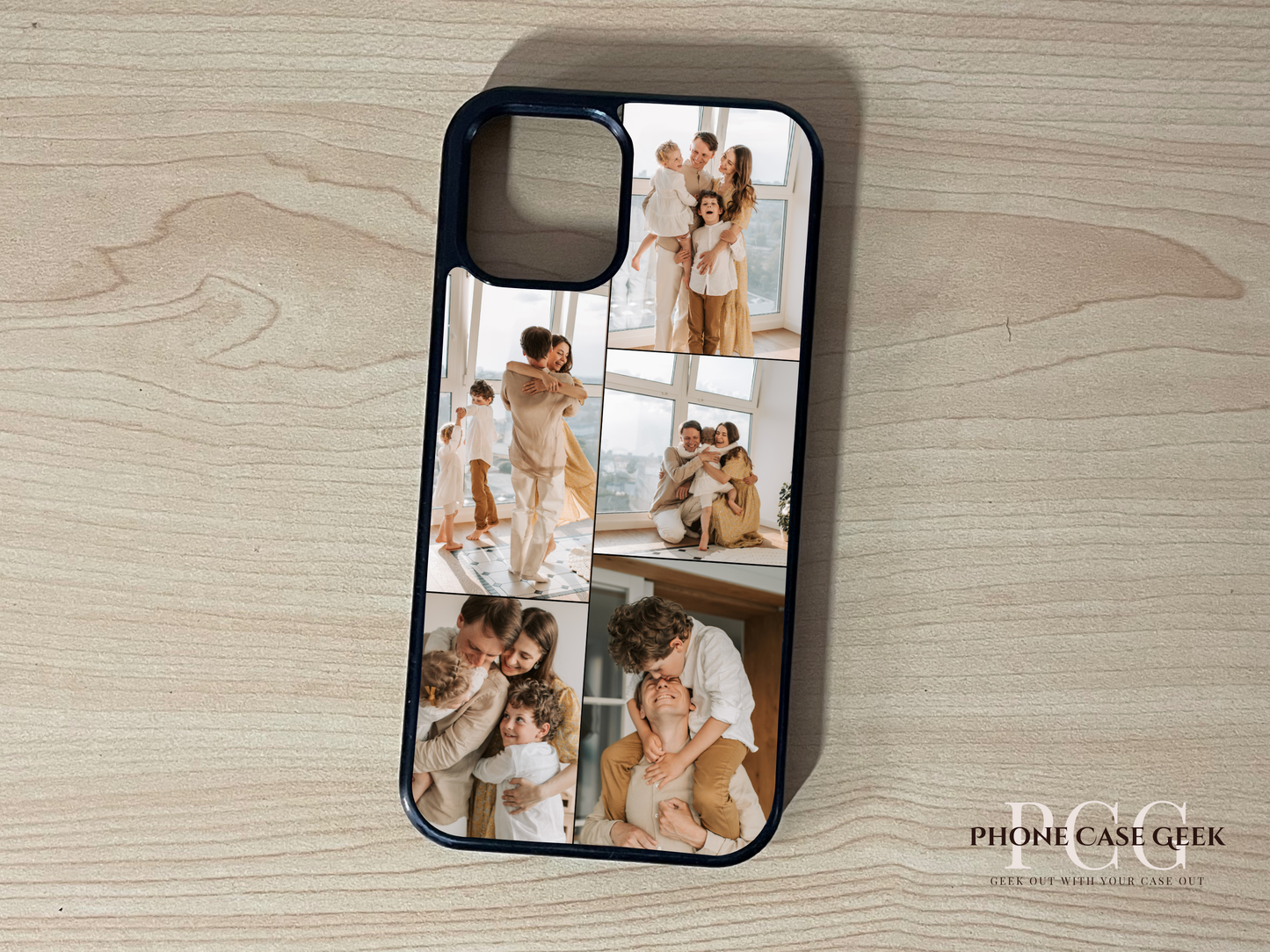 Custom phone case for the iPhone showing 5 photo collage photo of family moments on a wooden surface.