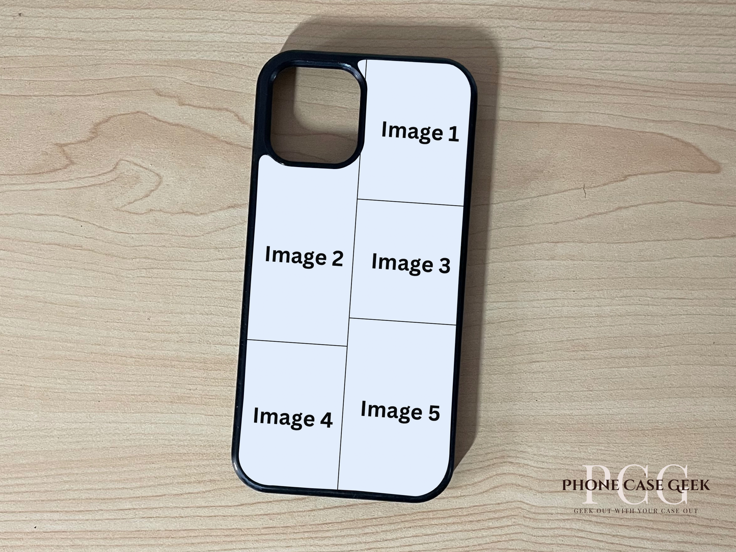 Custom phone case for the iPhone showing 5 photo collage photo placement on a wooden surface.