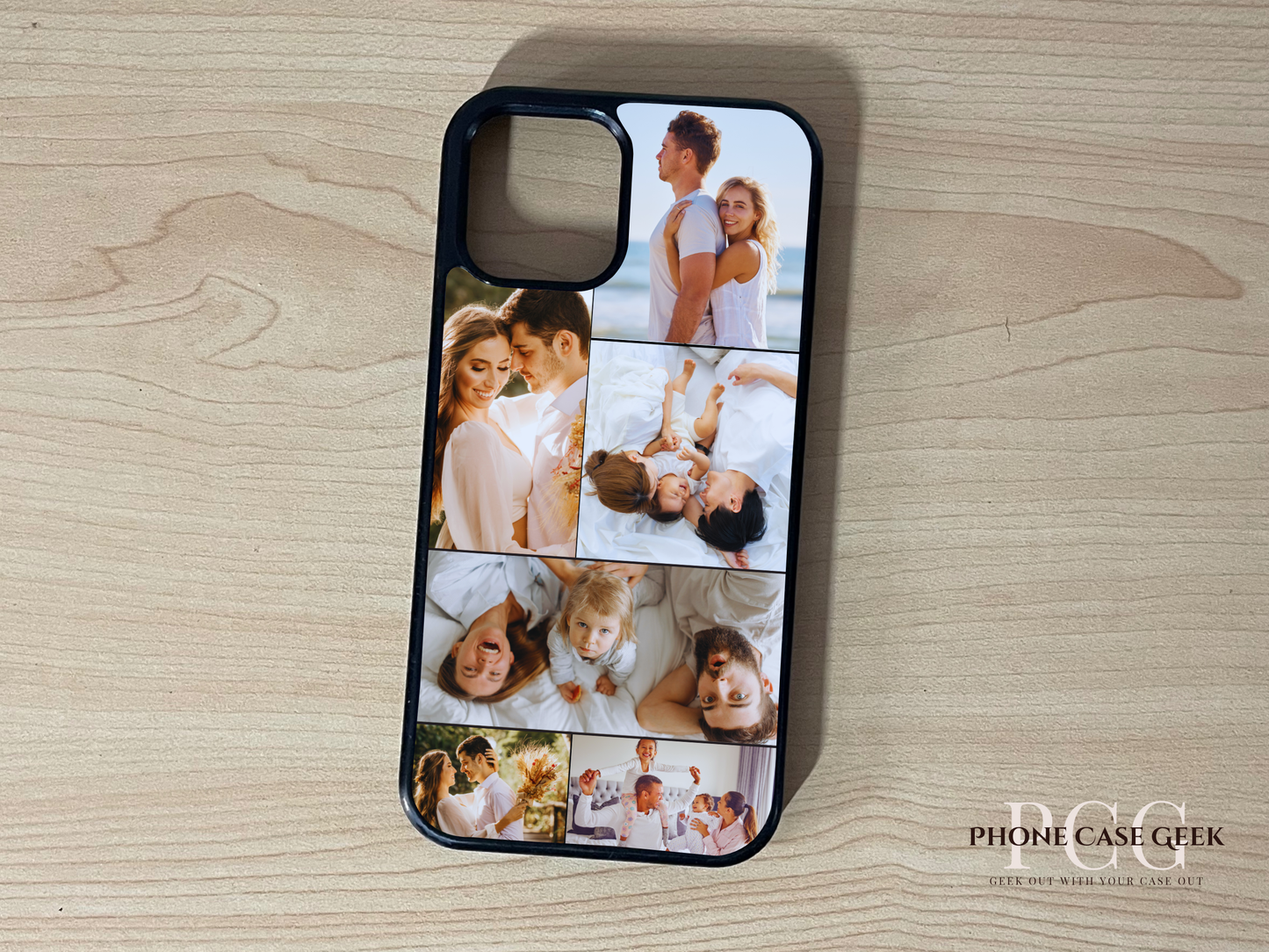 Custom phone case for the iPhone showing 6 photo collage photo of family moments on a wooden surface.