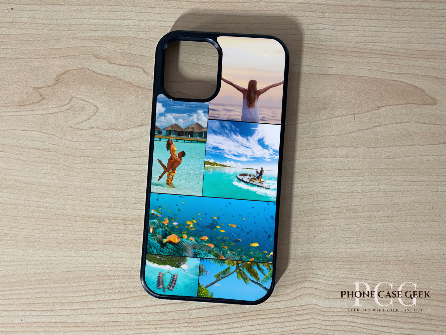 Custom phone case for the iPhone showing 6 photo collage photo of couple vacation moments on a wooden surface.
